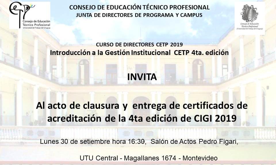 invitación Acto de clausura y entrega de certificados del curso Introducción a la Gestión Institucional