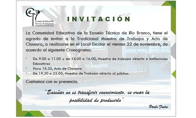 invitación muestra final y acto de clausura escuela técnica de Rio Branco