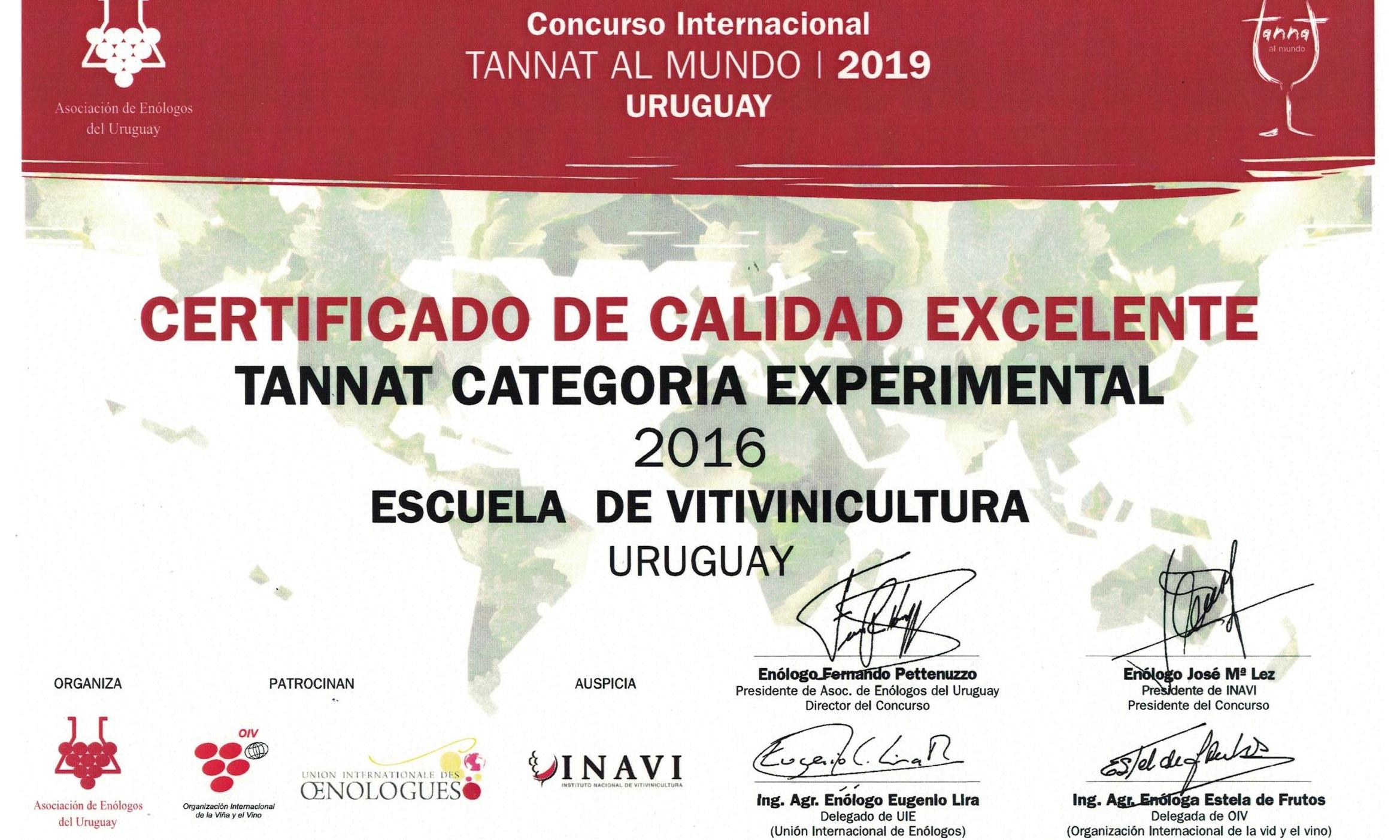 Certificado de calidad excelente  Tannat, categoría experimental 