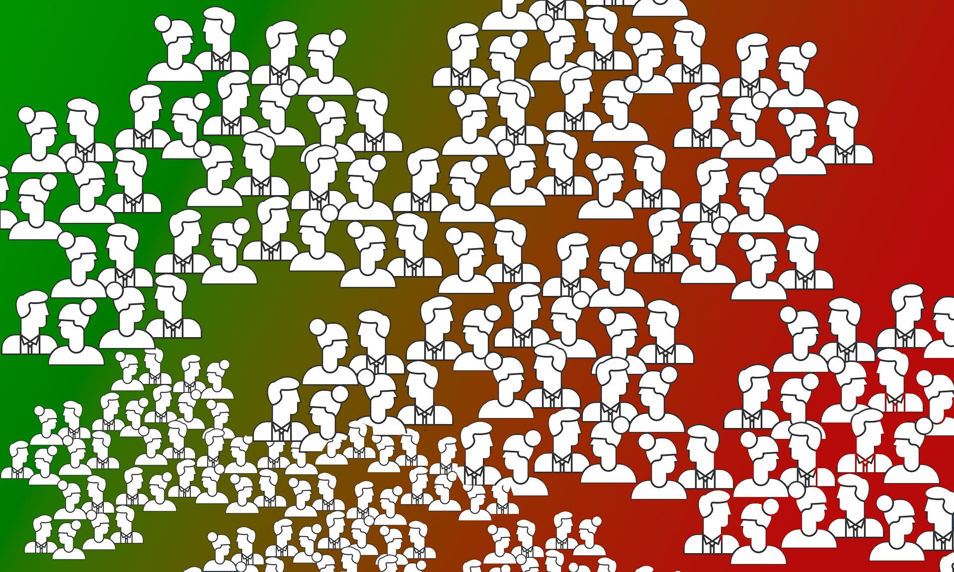 Dibujo de cabeza y busto de muchos hombres y mujeres en fondo verde y rojo