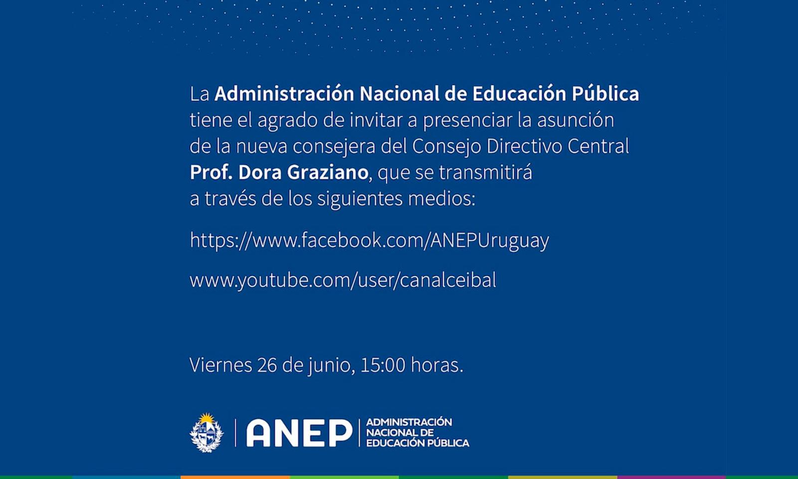 Invitación de la ANEP a la asunción de la nueva consejera del CODICEN, Prof. Dora Graziano.